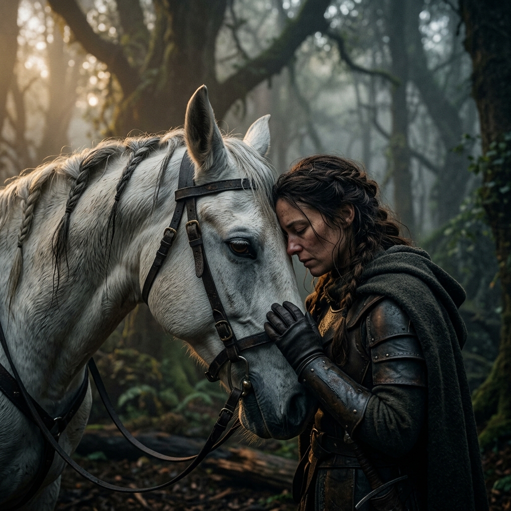 Intimate moment between rider and horse in misty forest