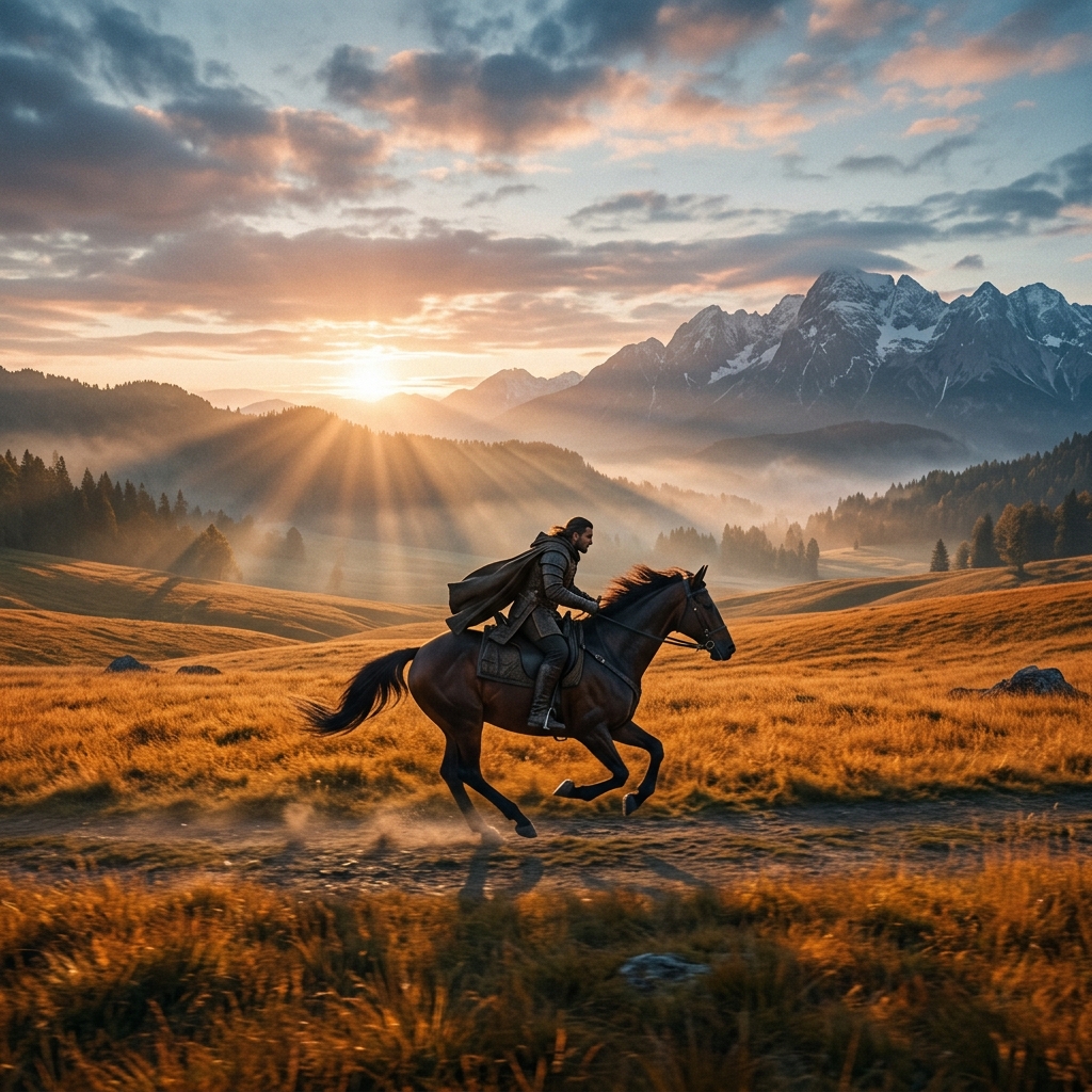 Dawnmere — a lone rider crossing a golden meadow at dawn